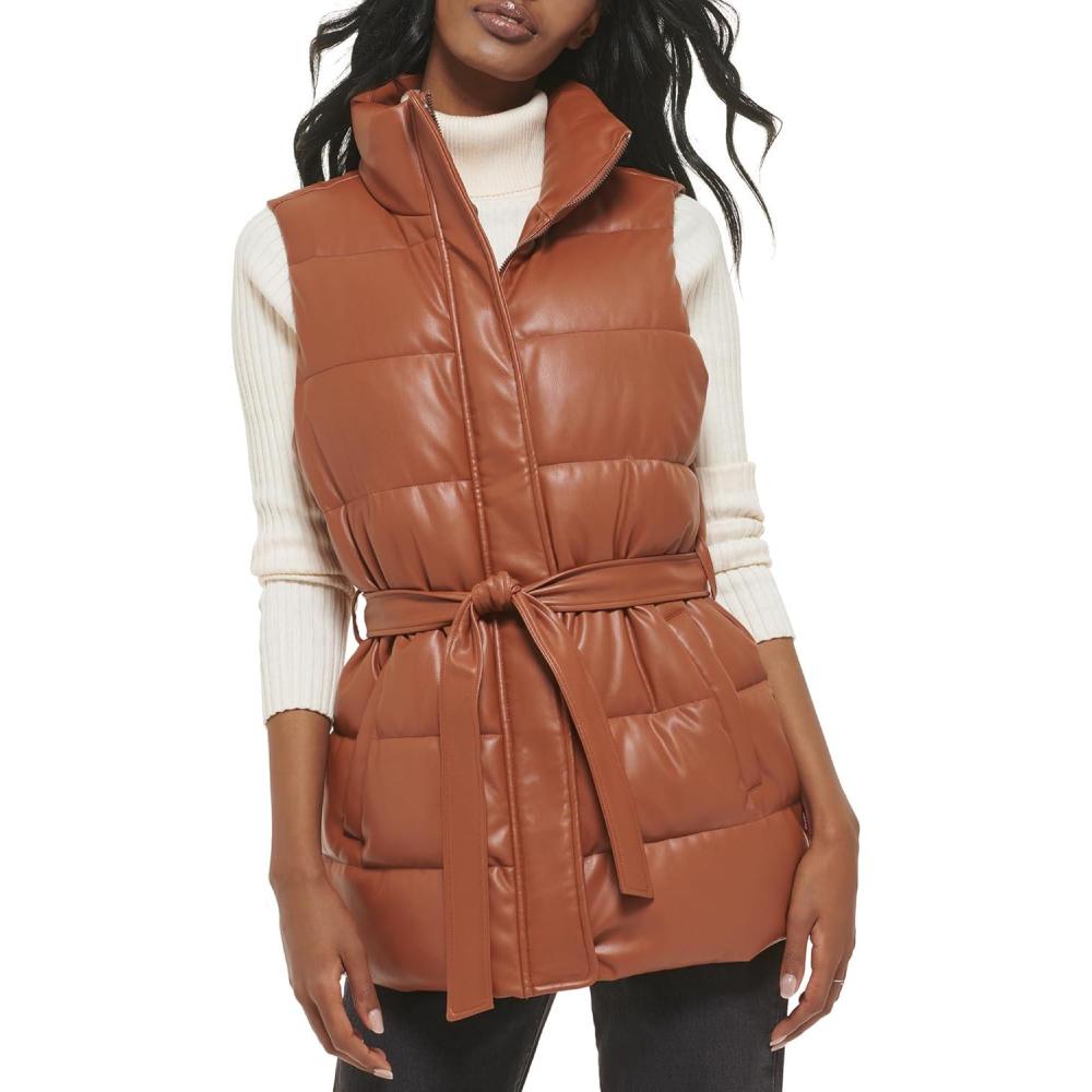 imageLevis womens Vegan Leather Puffer VestCamel With Belt