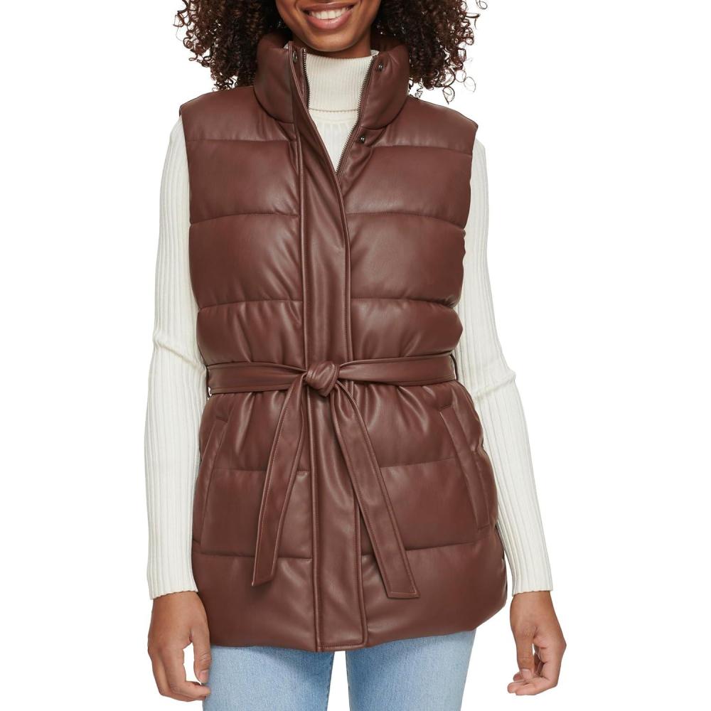 imageLevis womens Vegan Leather Puffer VestChocolate Brown With Belt