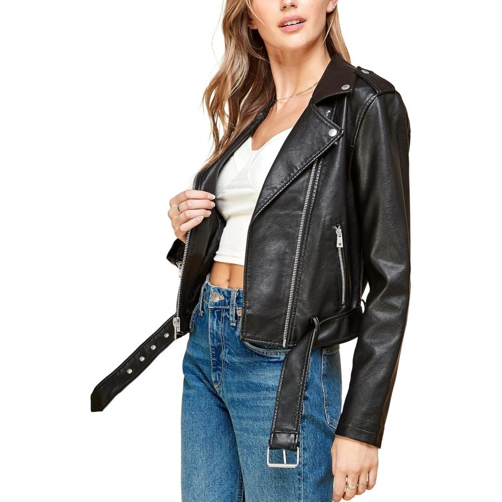 imageLock and Love Slim Fit Stylish Vegan Leather Moto Jacket for Women PU Biker Motorcycle CoatWjc1849black