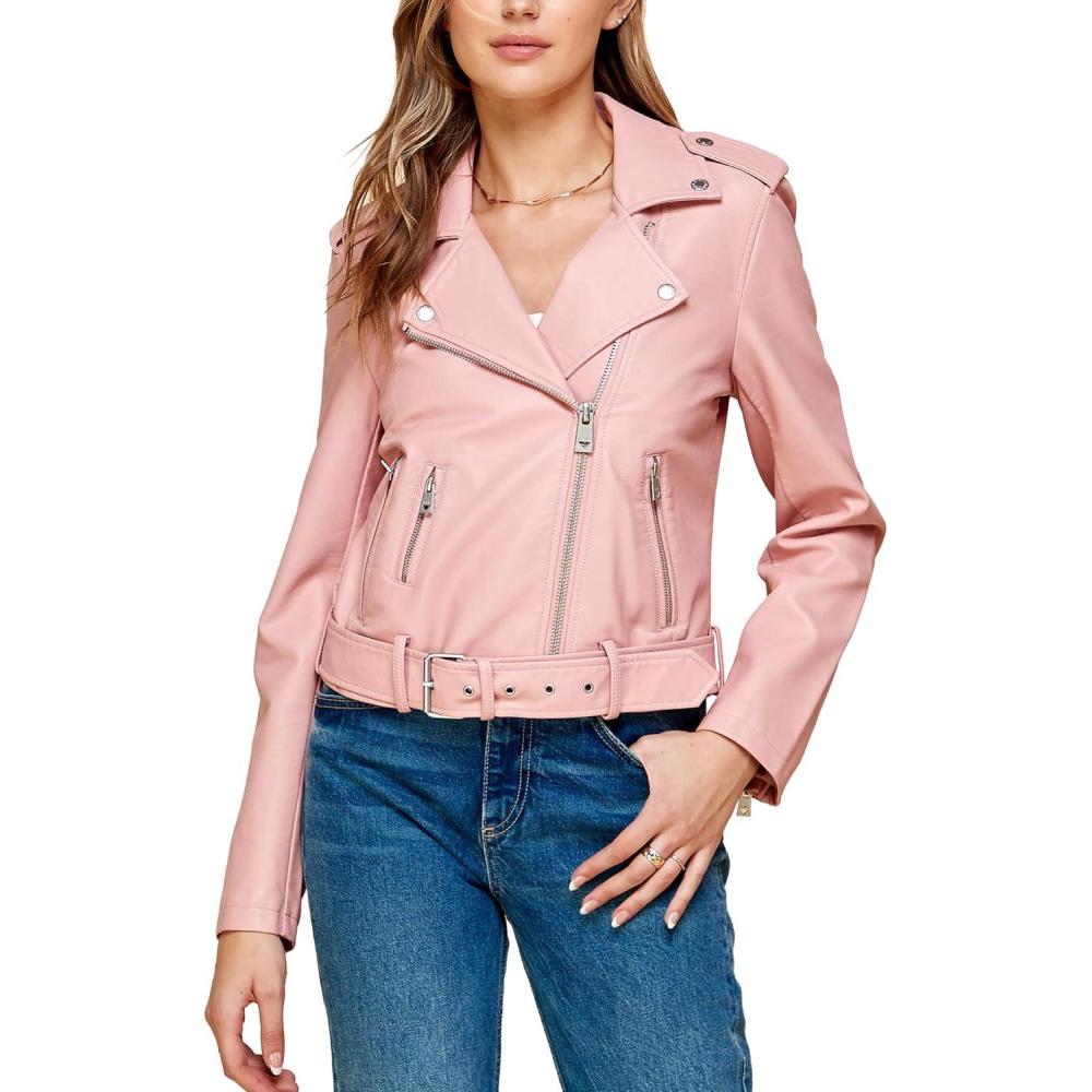 imageLock and Love Slim Fit Stylish Vegan Leather Moto Jacket for Women PU Biker Motorcycle CoatWjc1849pink
