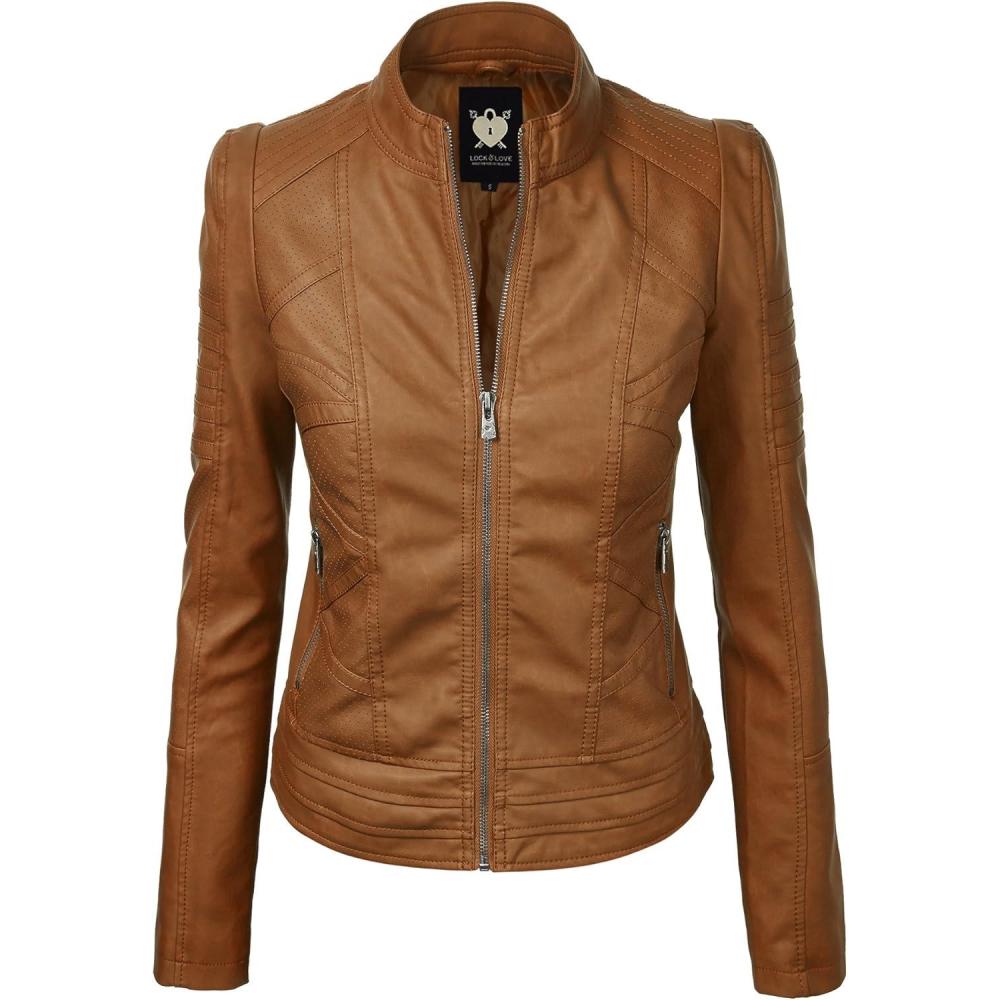 imageLock and Love Slim Fit Stylish Vegan Leather Moto Jacket for Women PU Biker Motorcycle CoatWjc746camel