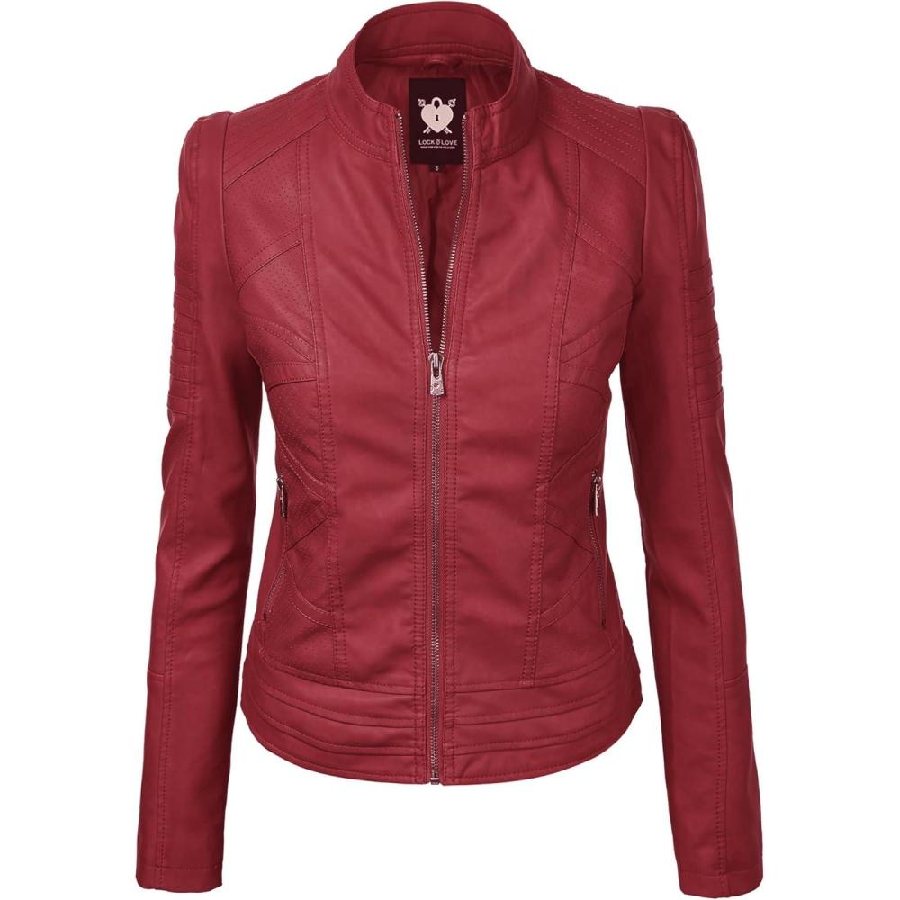 imageLock and Love Slim Fit Stylish Vegan Leather Moto Jacket for Women PU Biker Motorcycle CoatWjc746red