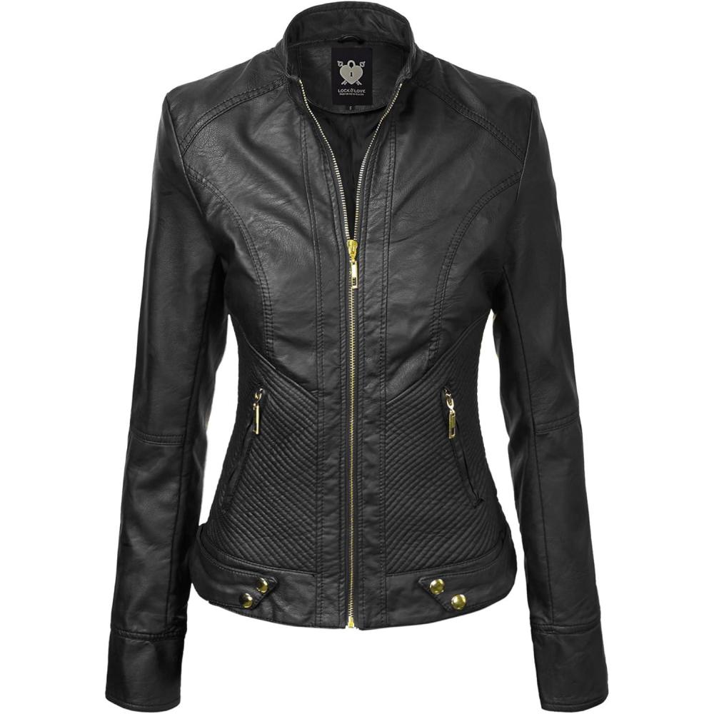 imageLock and Love Slim Fit Stylish Vegan Leather Moto Jacket for Women PU Biker Motorcycle CoatWjc747black