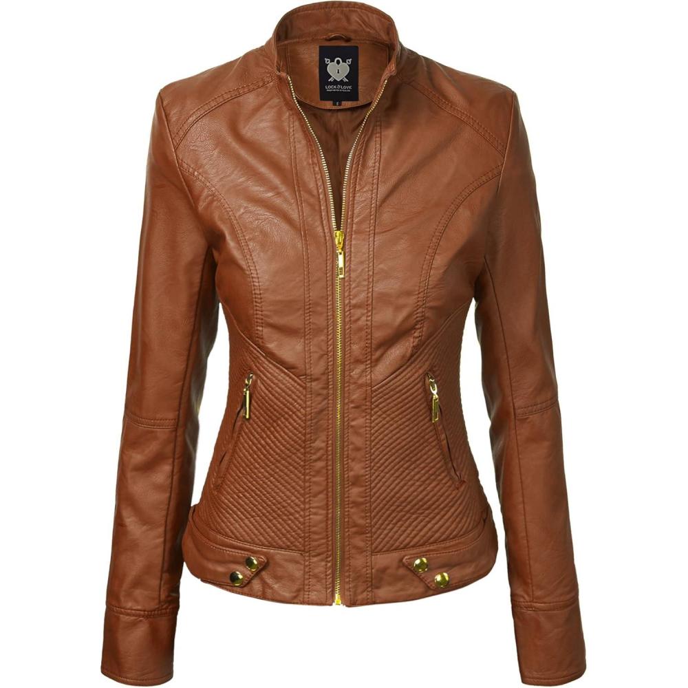 imageLock and Love Slim Fit Stylish Vegan Leather Moto Jacket for Women PU Biker Motorcycle CoatWjc747camel