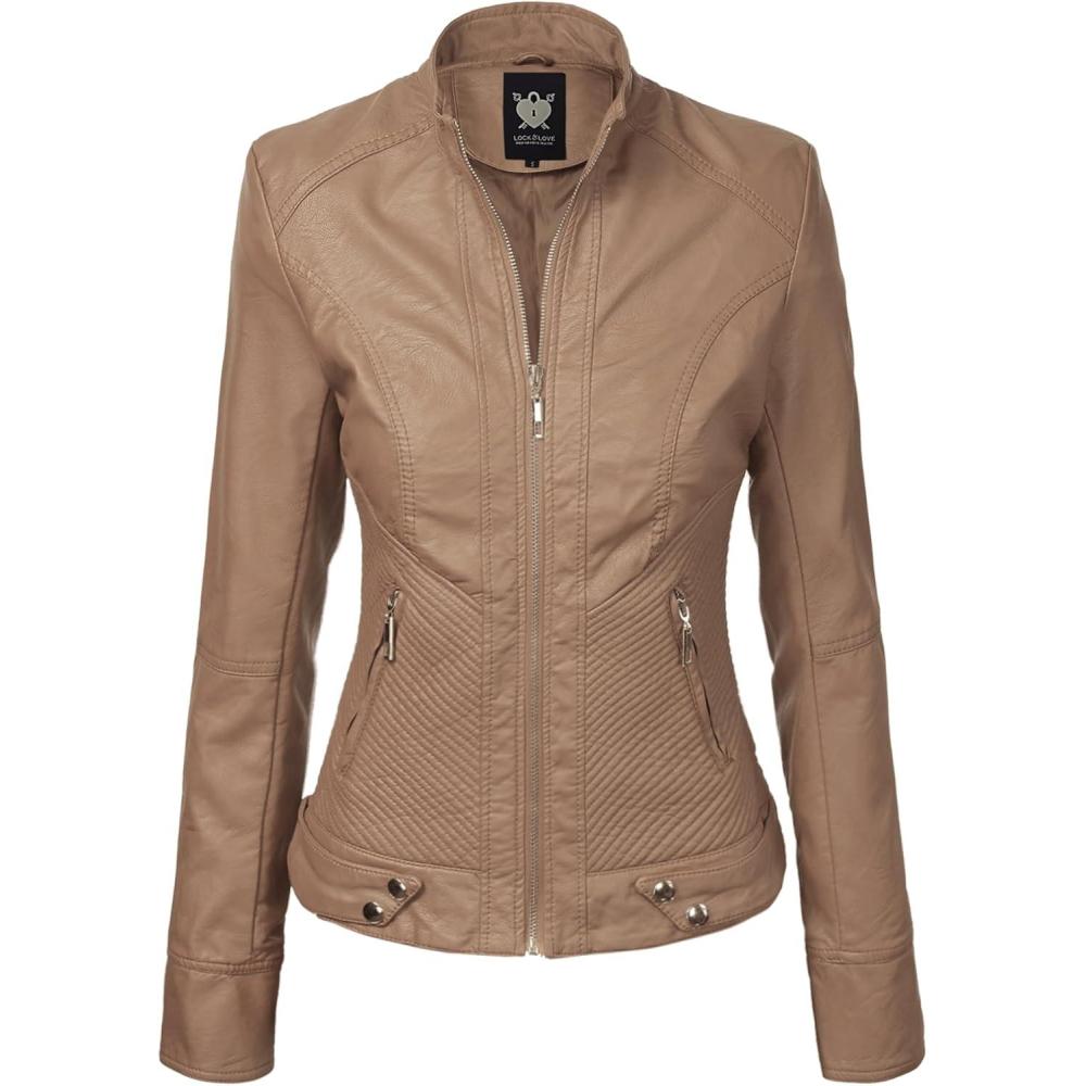imageLock and Love Slim Fit Stylish Vegan Leather Moto Jacket for Women  PU Biker Motorcycle CoatWjc747khaki
