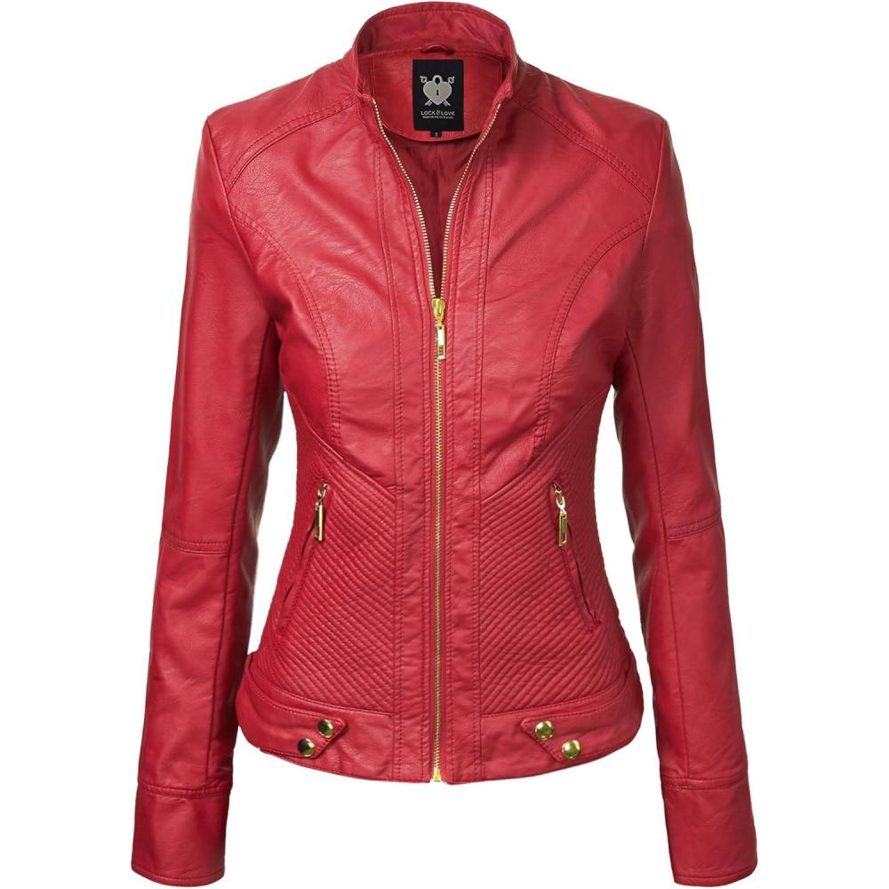 imageLock and Love Slim Fit Stylish Vegan Leather Moto Jacket for Women PU Biker Motorcycle CoatWjc747red