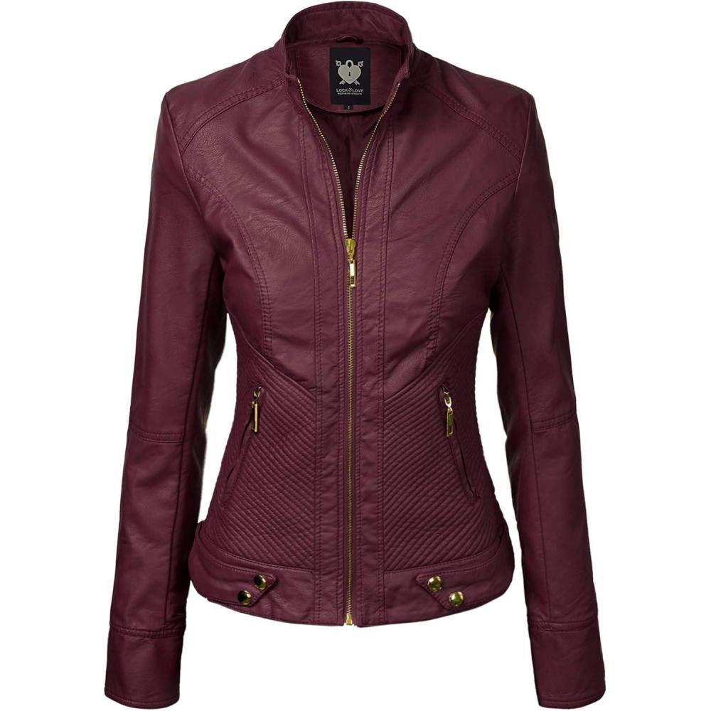 imageLock and Love Slim Fit Stylish Vegan Leather Moto Jacket for Women PU Biker Motorcycle CoatWjc747wine
