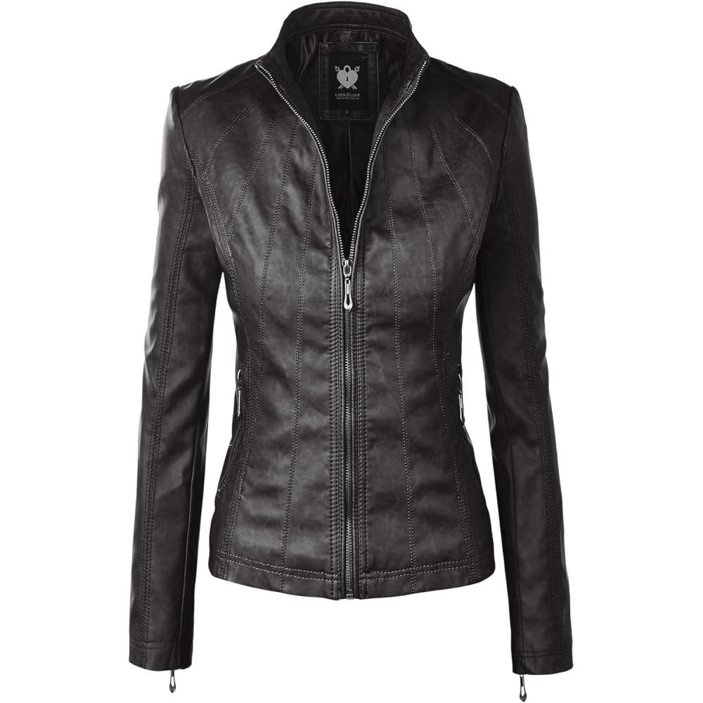 imageLock and Love Slim Fit Stylish Vegan Leather Moto Jacket for Women  PU Biker Motorcycle CoatWjc877black