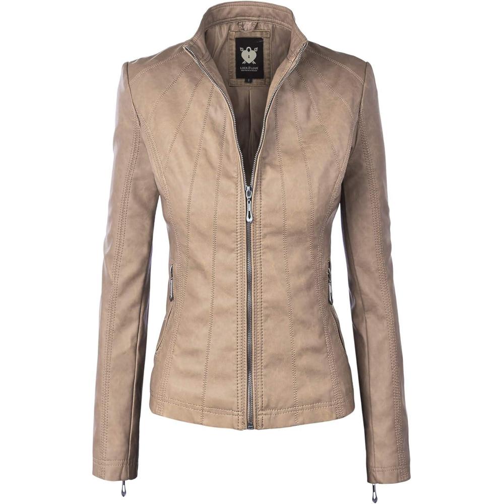 imageLock and Love Slim Fit Stylish Vegan Leather Moto Jacket for Women PU Biker Motorcycle CoatWjc877khaki