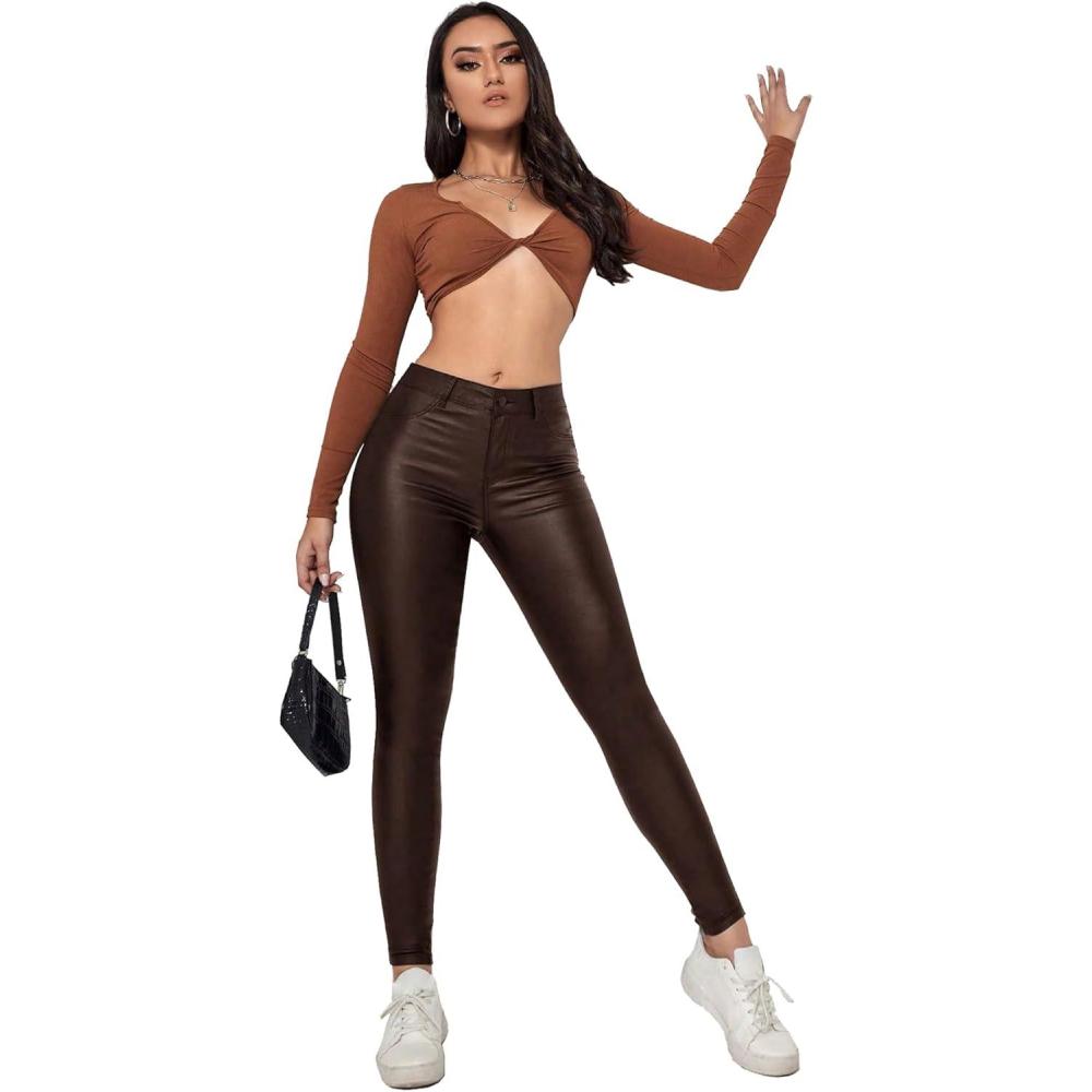 imageLover Premium Faux Leather Stretchy Skinny Jeggings Coated Faux Leather Legging Pants Mid Waisted with PocketsChocolate