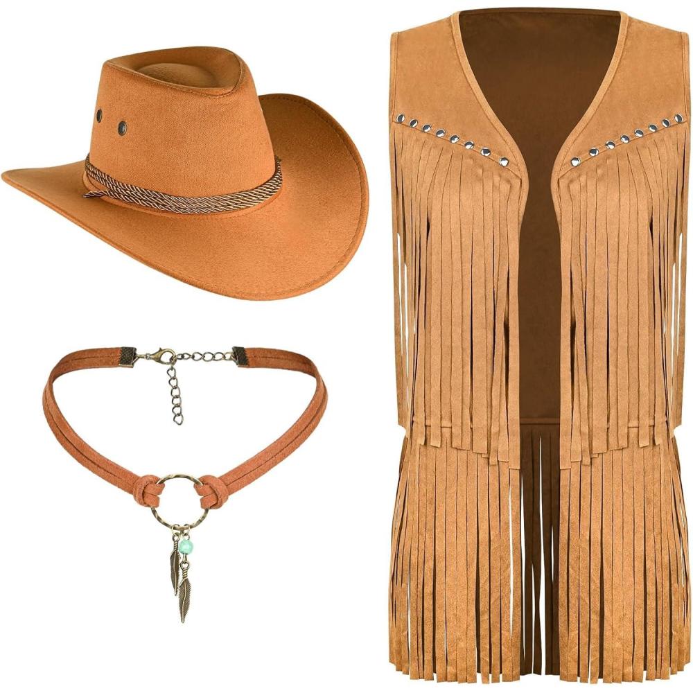 imageMAKCNMYM Tassel Vest for Women 70s Hippie Faux Suede Sleeveless Fringe Rivets Jacket with Cowboy Hat and Leather Necklace