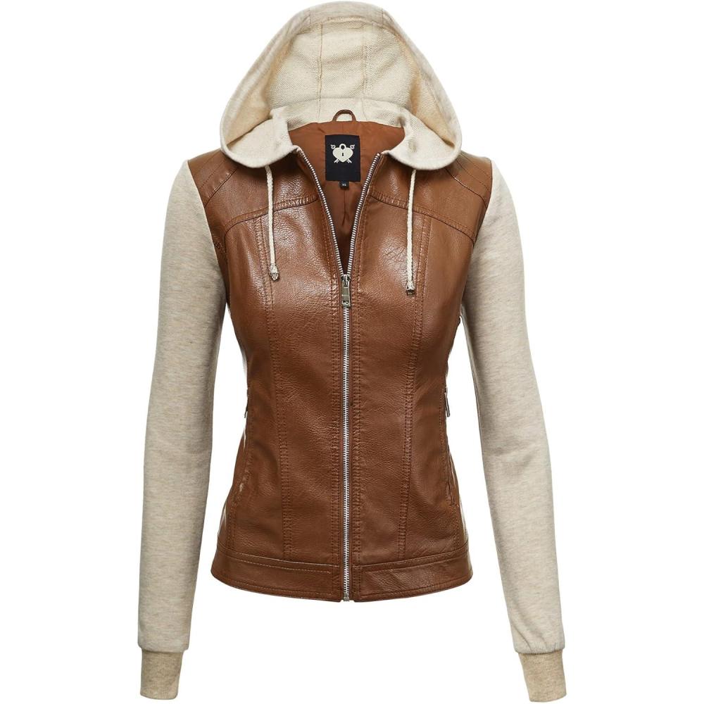 imageMade By Johnny Faux Leather Jacket Women Motorcycle Coat for Biker with Removable HoodWjc1347cameloatmeal