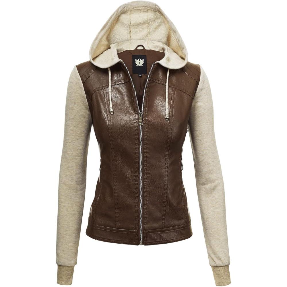 imageMade By Johnny Faux Leather Jacket Women Motorcycle Coat for Biker with Removable HoodWjc1347coffeeoatmeal