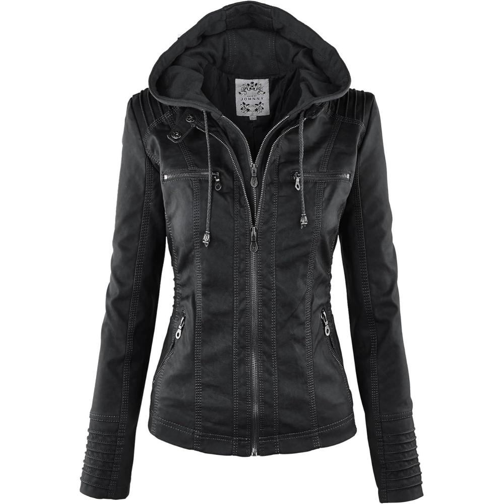 imageMade By Johnny Faux Leather Jacket Women Motorcycle Coat for Biker with Removable HoodWjc663black