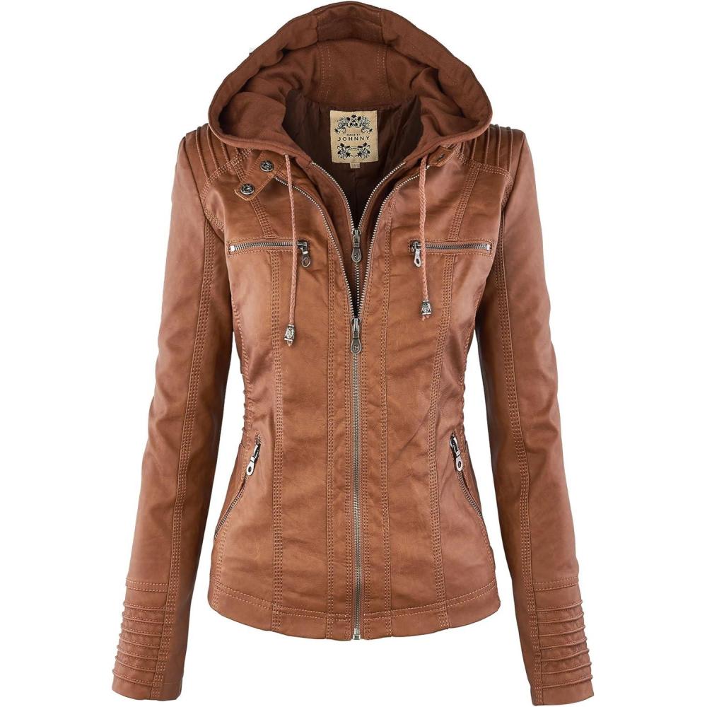 imageMade By Johnny Faux Leather Jacket Women Motorcycle Coat for Biker with Removable HoodWjc663camel