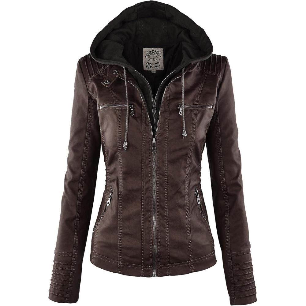 imageMade By Johnny Faux Leather Jacket Women Motorcycle Coat for Biker with Removable HoodWjc663coffeeAshbrown