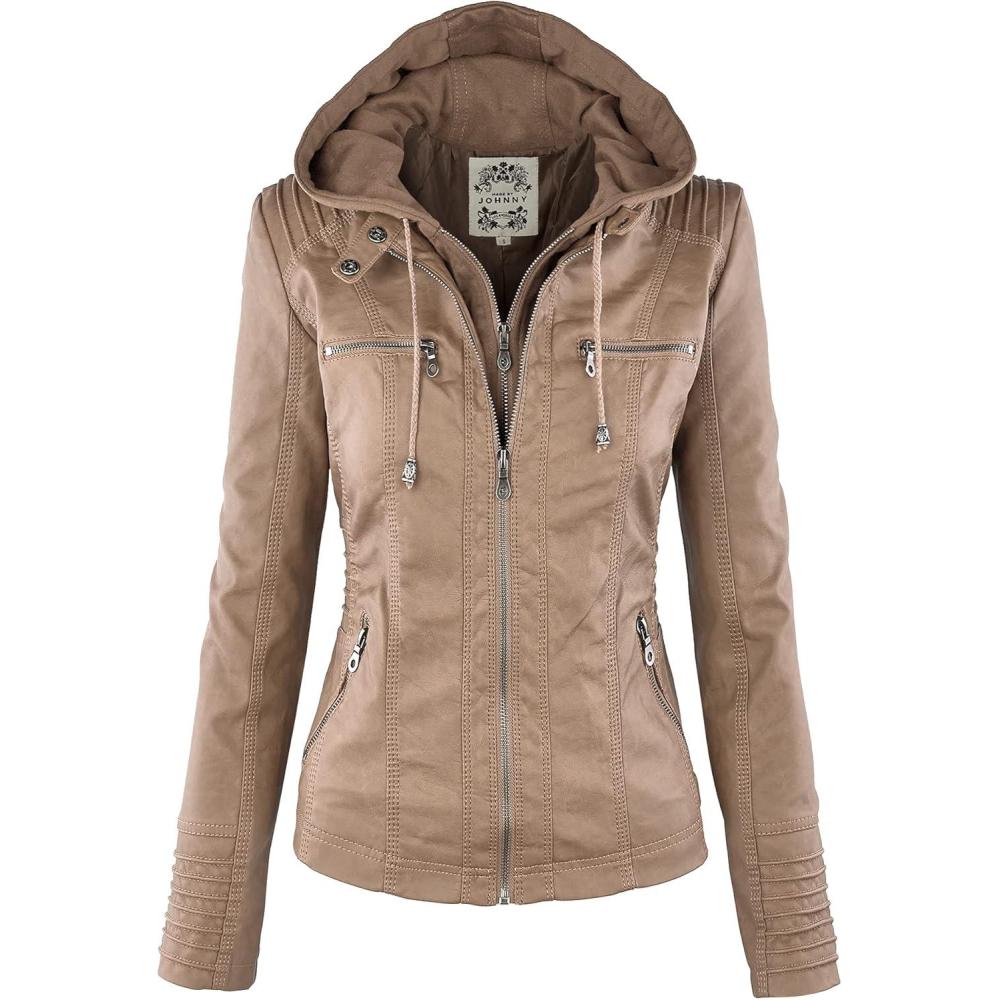 imageMade By Johnny Faux Leather Jacket Women Motorcycle Coat for Biker with Removable HoodWjc663khaki