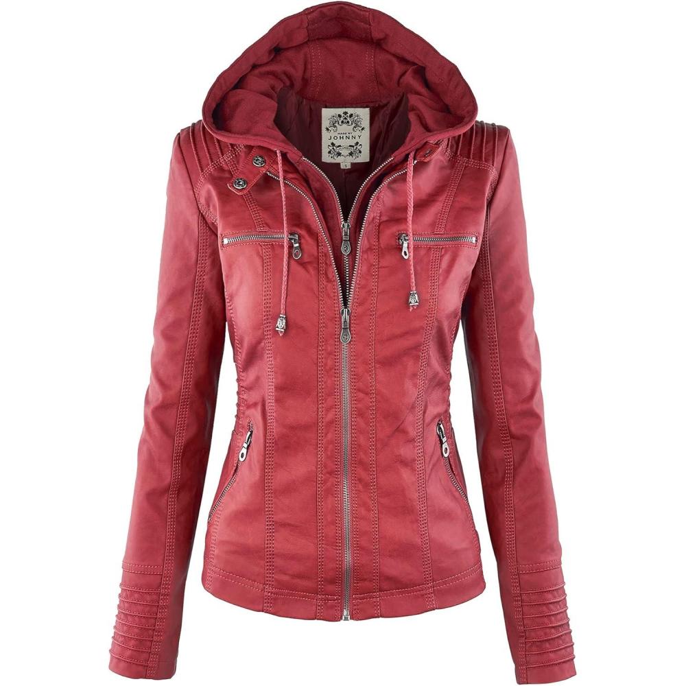 imageMade By Johnny Faux Leather Jacket Women Motorcycle Coat for Biker with Removable HoodWjc663red