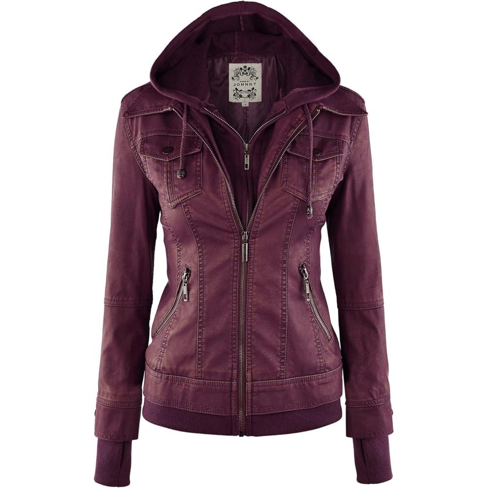 imageMade By Johnny Faux Leather Jacket Women Motorcycle Coat for Biker with Removable HoodWjc664wine