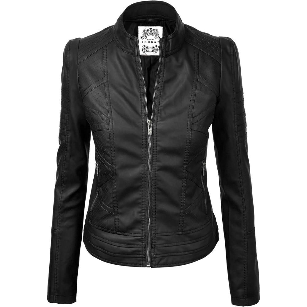 imageMade By Johnny MBJ Womens Faux Leather Zip Up Moto Biker Jacket with Stitching Detail