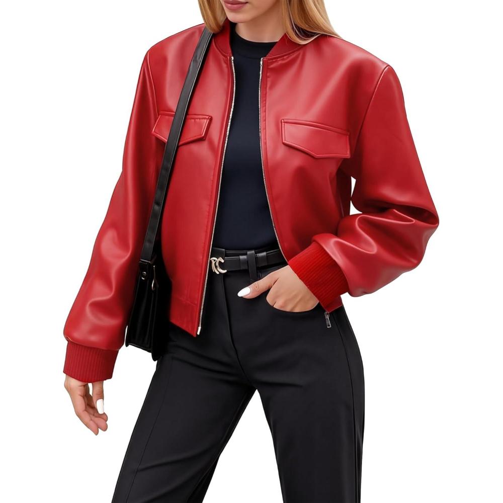 imageOmmiivex Women Leather Jacket Faux Cropped Bomber Coat Cute Short for Casual Vacation Travel College Going Out Classy OutfitBright Red
