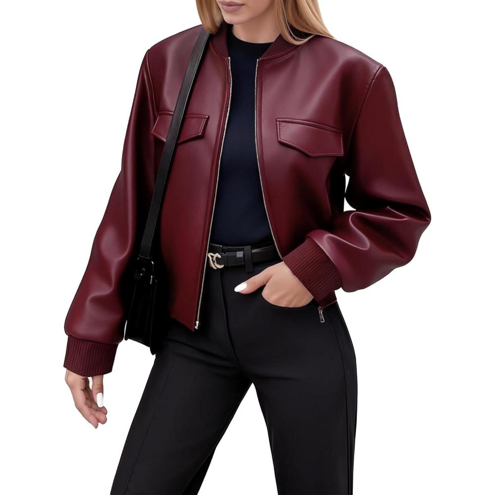 imageOmmiivex Women Leather Jacket Faux Cropped Bomber Coat Cute Short for Casual Vacation Travel College Going Out Classy OutfitMaroon
