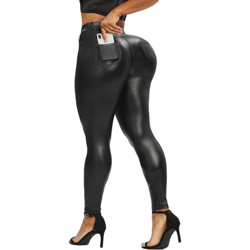 imageRIOJOY Womens Sexy Leather Leggings PU High Waist Butt Lifting Pleather Pants Stretchy Faux Leather Tights Push UpEfleece Lined Black