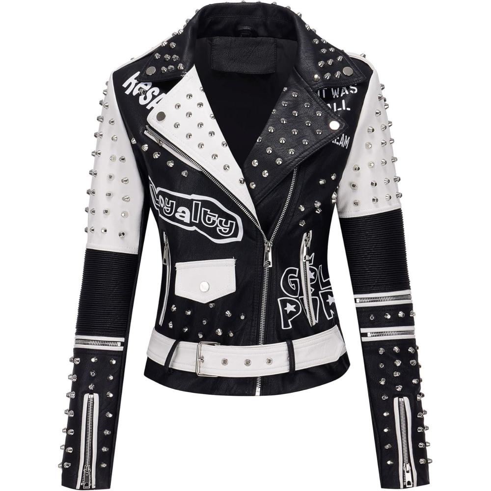 imageRISISSIDA Women Faux Leather Jacket Studded Rivet Spring Fall Fashion HipLength Moto Biker Trendy Clothes Streetwear Belted76 Blackwhite