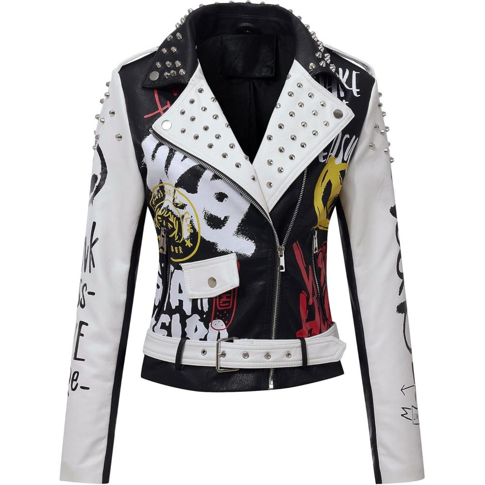 imageRISISSIDA Women Faux Leather Jacket Studded Rivet Spring Fall Fashion HipLength Moto Biker Trendy Clothes Streetwear Belted77 Blackwhite