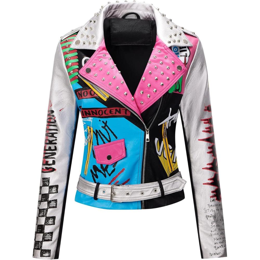 imageRISISSIDA Women Faux Leather Jacket Studded Rivet Spring Fall Fashion HipLength Moto Biker Trendy Clothes Streetwear Belted79 Blacksilver