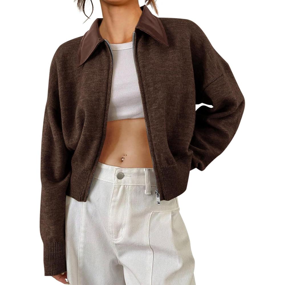 imageSaodimallsu Womens Zip Up Barn Jacket Cropped Faux Leather Collared Open Front Long Sleeve Fall Cardigan SweatersCoffee