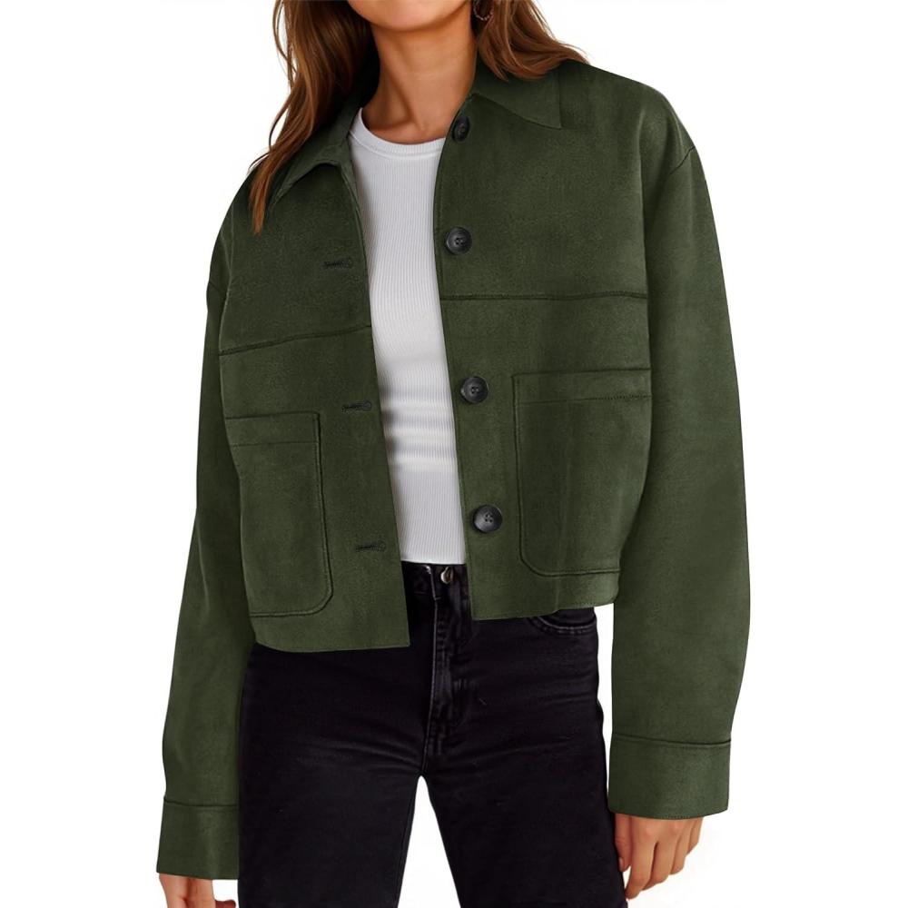 imageTankaneo Womens Cropped Faux Suede Leather Jackets Lapel Collar Button Down Short Coats Fall Winter Vintage Trendy ShacketsArmy Green