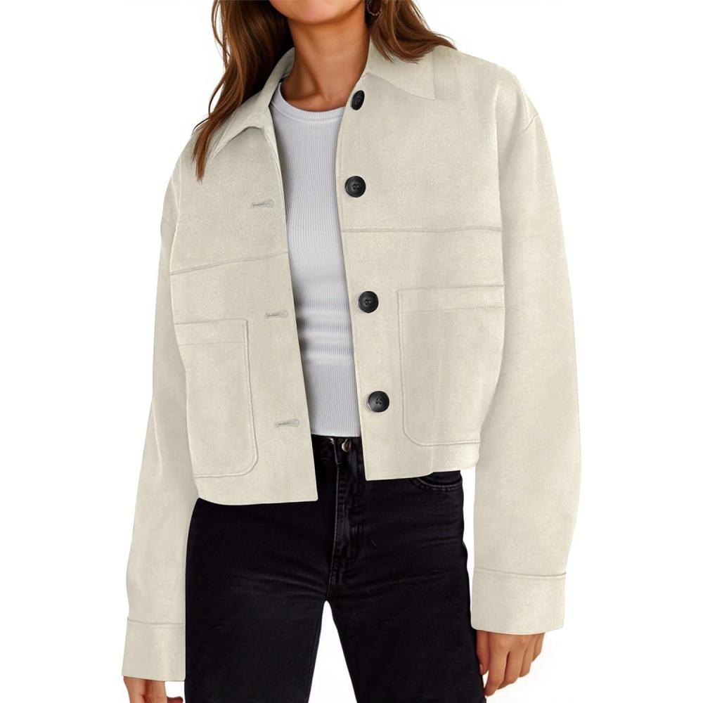imageTankaneo Womens Cropped Faux Suede Leather Jackets Lapel Collar Button Down Short Coats Fall Winter Vintage Trendy ShacketsBeige