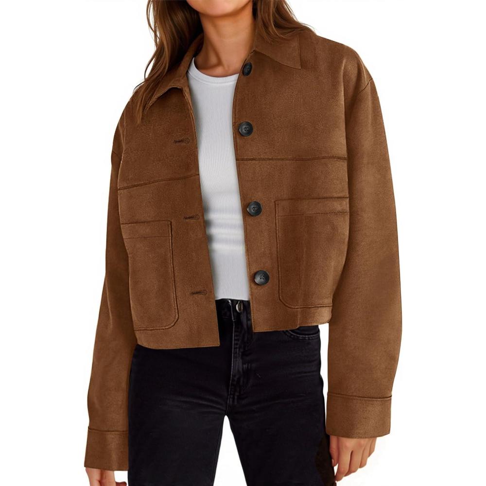 imageTankaneo Womens Cropped Faux Suede Leather Jackets Lapel Collar Button Down Short Coats Fall Winter Vintage Trendy ShacketsBrown