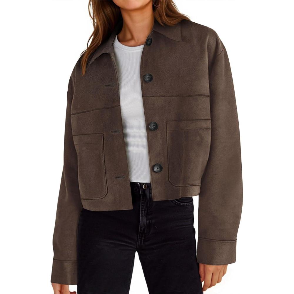 imageTankaneo Womens Cropped Faux Suede Leather Jackets Lapel Collar Button Down Short Coats Fall Winter Vintage Trendy ShacketsCoffee