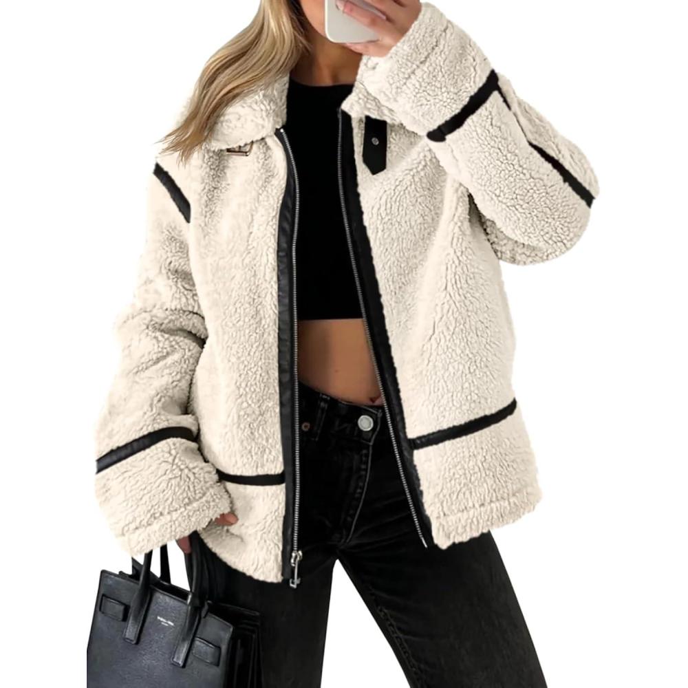 imageTankaneo Womens Faux Fur Jackets Winter Trendy Sherpa Moto Leather Patchwork Zip Up CoatApricot