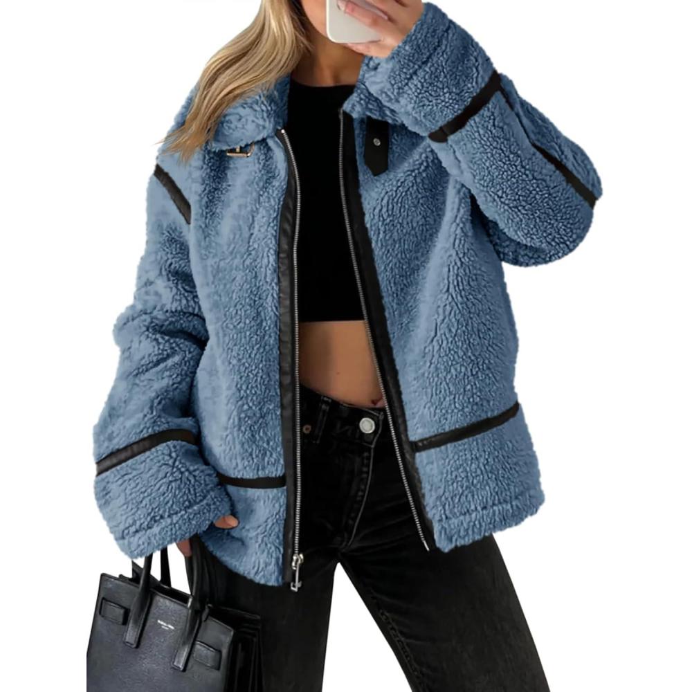 imageTankaneo Womens Faux Fur Jackets Winter Trendy Sherpa Moto Leather Patchwork Zip Up CoatBlue