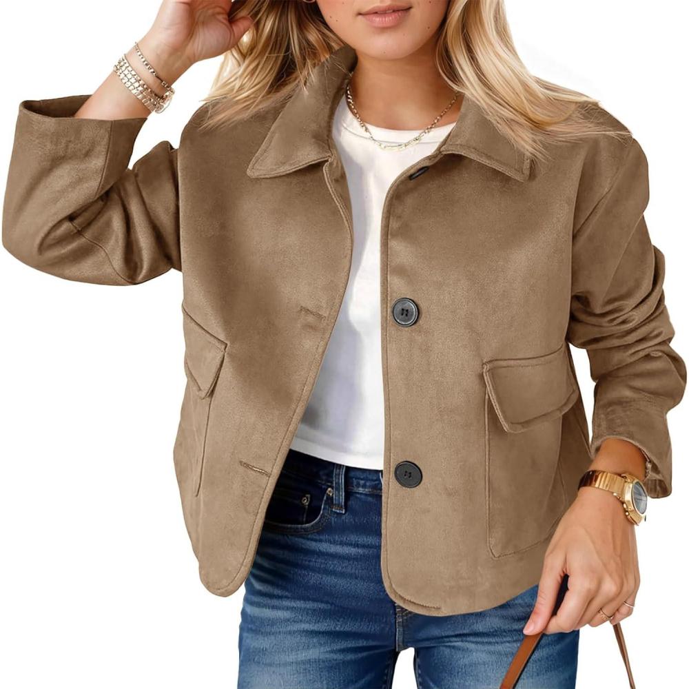imageTankaneo Womens Faux Suede Leather Jackets Casual Cropped Coats Vintage Button Down ShacketsDark Brown