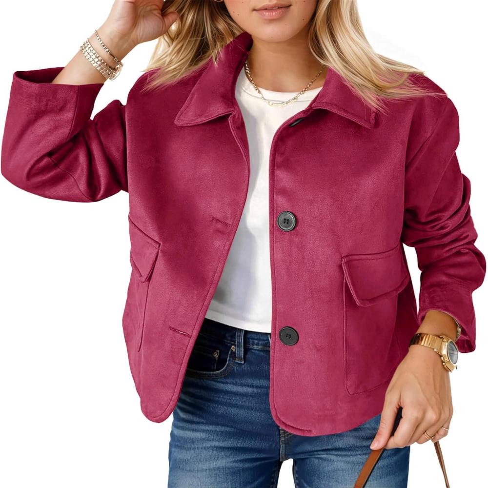 imageTankaneo Womens Faux Suede Leather Jackets Casual Cropped Coats Vintage Button Down ShacketsWine Red