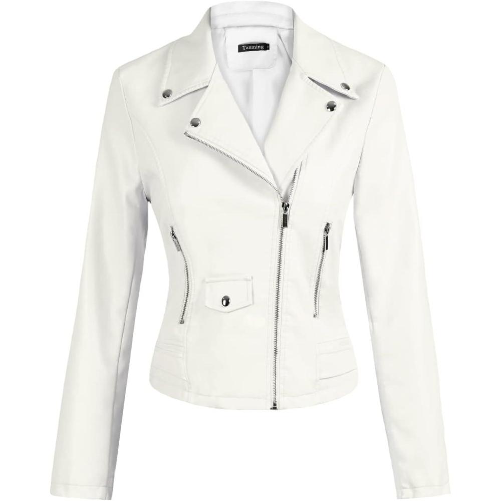 imageTanming Womens Faux Leather Moto Biker Short Coat JacketA Beige