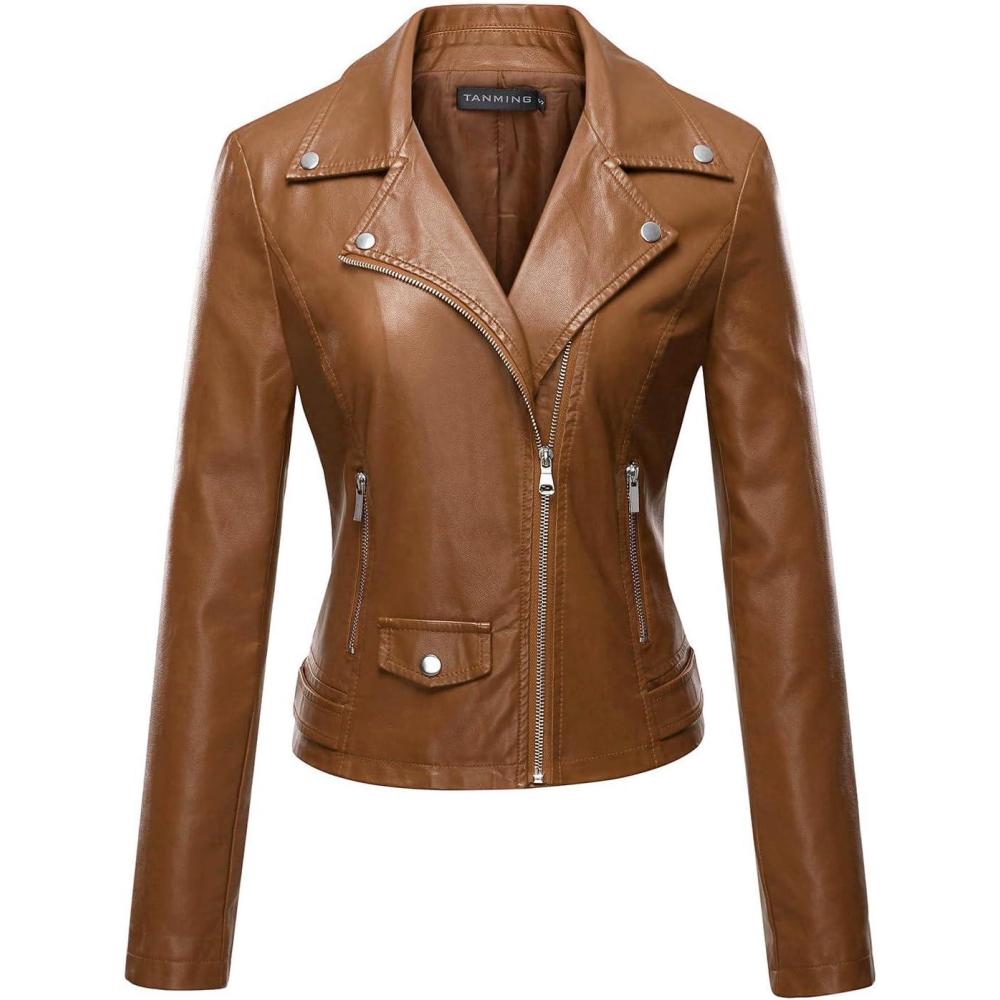 imageTanming Womens Faux Leather Moto Biker Short Coat JacketA Light Brown