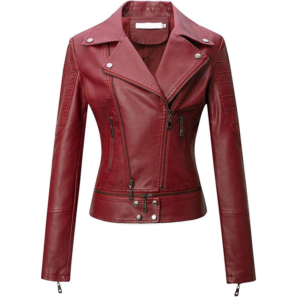 imageTanming Womens Faux Leather Moto Biker Short Coat JacketC Wine Red14