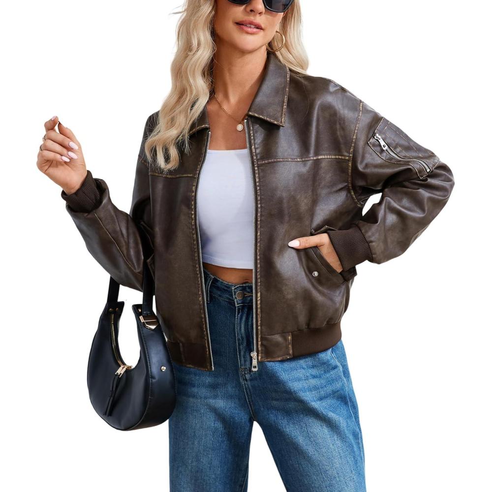 imageTanming Womens Leather Jacket Fall Fashion Motorcycle Biker Bomber Jacket Zip Up Winter Coat OuterwearCoffee