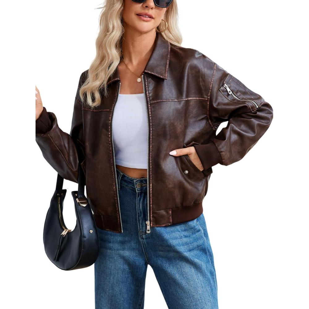 imageTanming Womens Leather Jacket Fall Fashion Motorcycle Biker Bomber Jacket Zip Up Winter Coat OuterwearWine Red