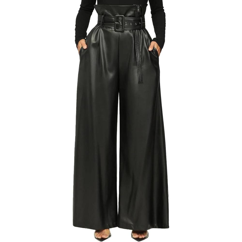 imageTcremisa Leather Pants for Women High Waisted Faux Leather Straight Wide Leg Pant PU Trousers with BeltBlack