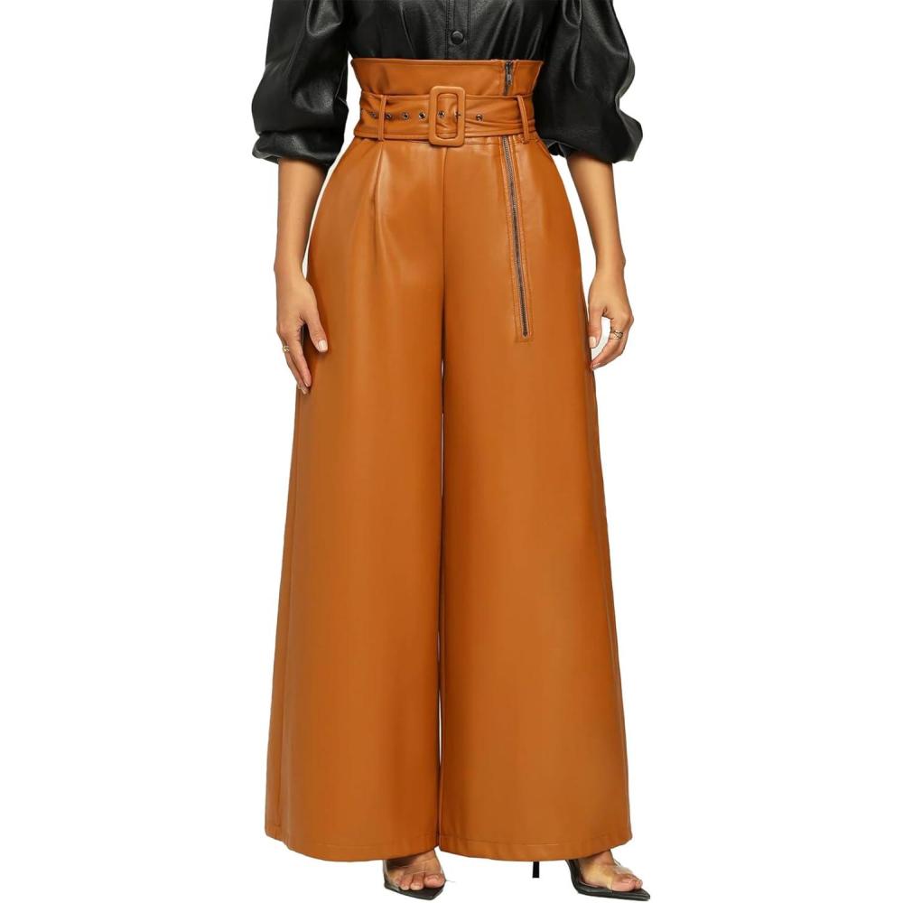 imageTcremisa Leather Pants for Women High Waisted Faux Leather Straight Wide Leg Pant PU Trousers with BeltBrown