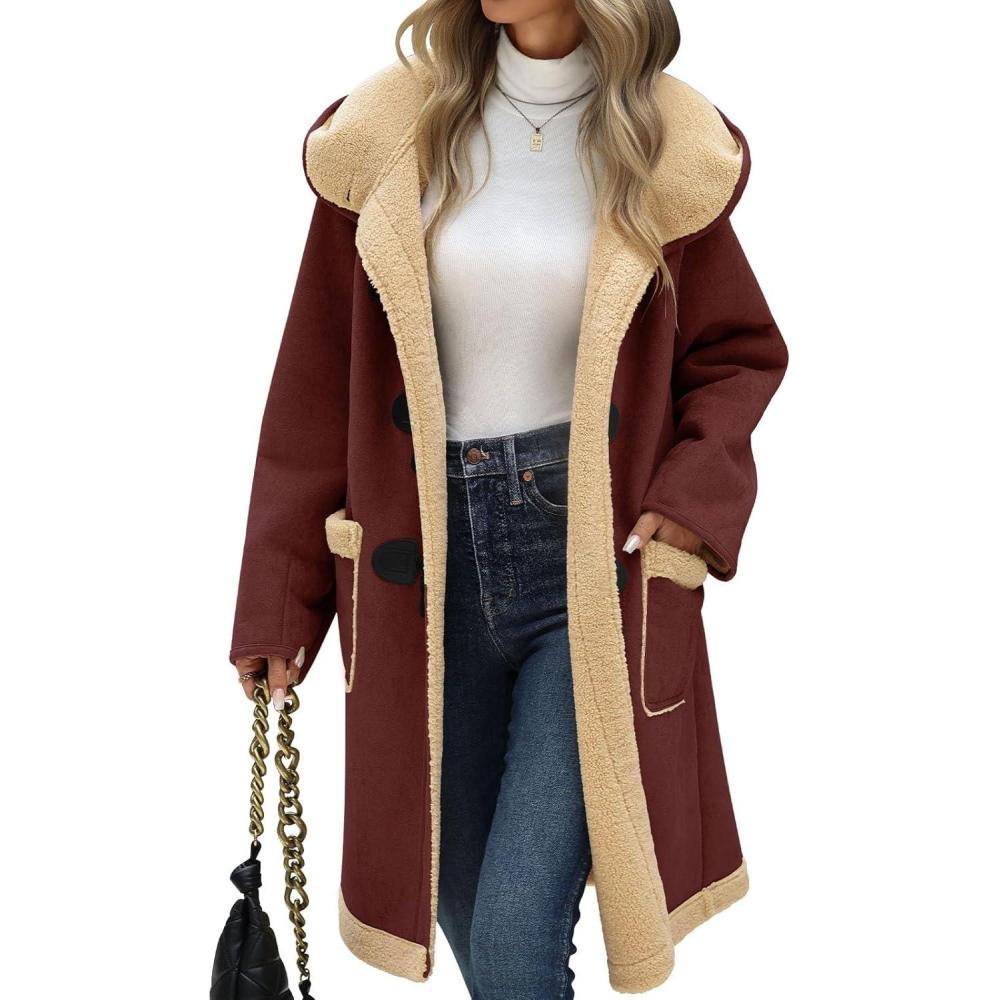 imageUMIPUBO Womens Faux Suede Coat Sherpa Fleece Lined Oversize Duffle Coat Winter MidLength Hooded Toggle Jacket with PocketsWine Red