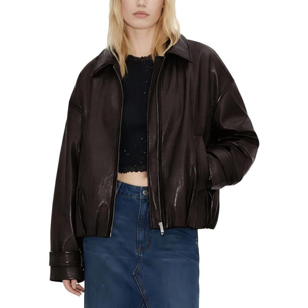 imageVKXJA Oversized Faux Leather Bomber Jacket for Women ZipUp Aviator Flight Coat Relaxed Fit Streetwear OuterwearBrown