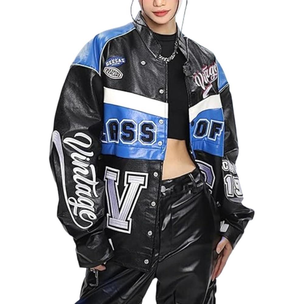 imageVamtac Leather Racing Varsity Jackets Oversized Vintage Letterman Racing Bomber Coat Trendy StreetwearBlack