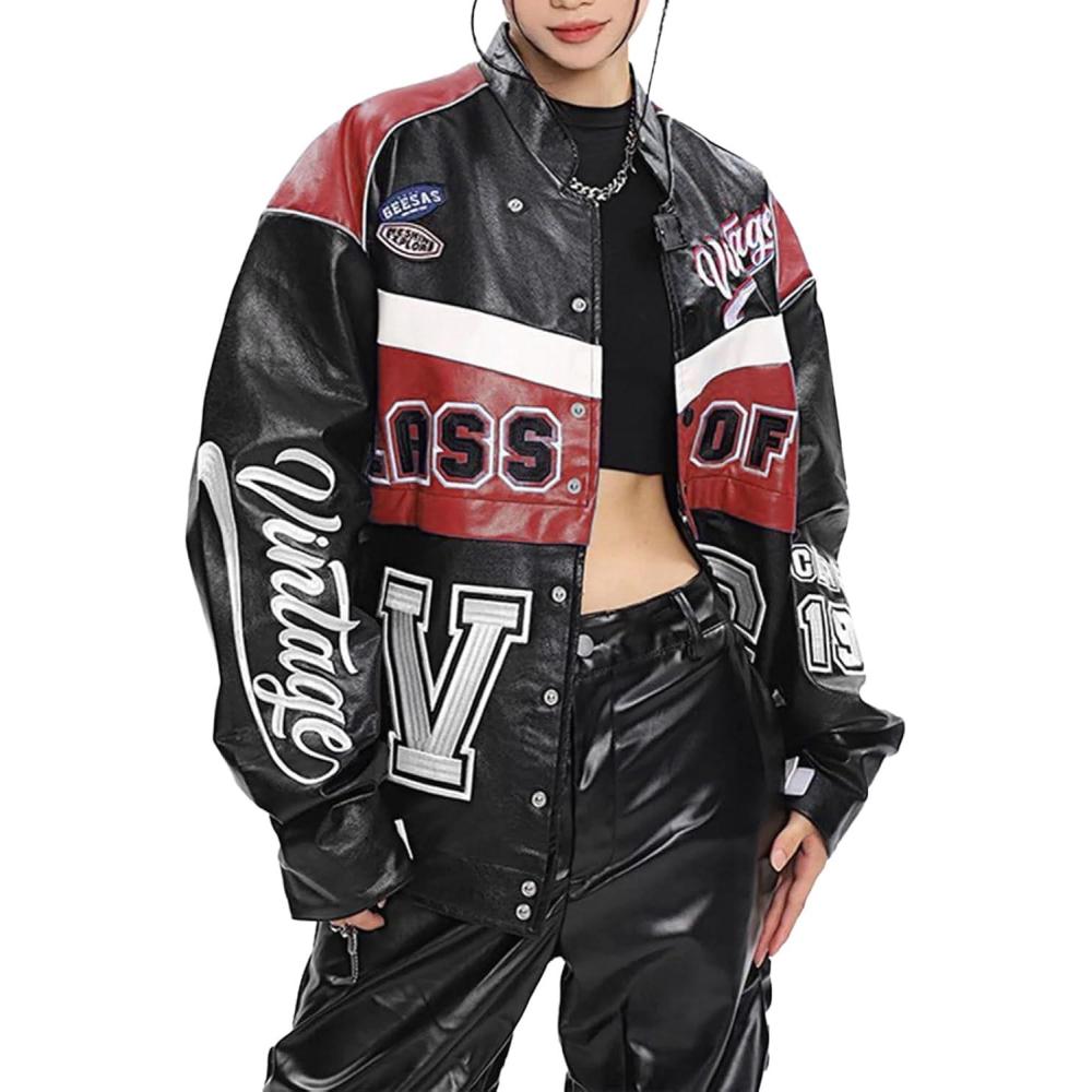 imageVamtac Leather Racing Varsity Jackets Oversized Vintage Letterman Racing Bomber Coat Trendy StreetwearRed